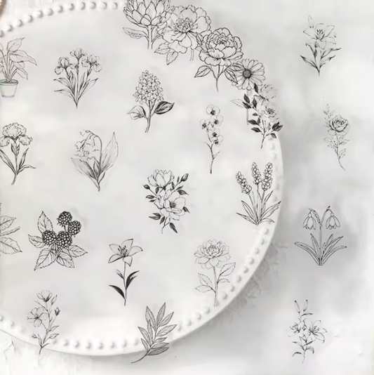 50 Stickers transparentes Flores Negro & Blanco