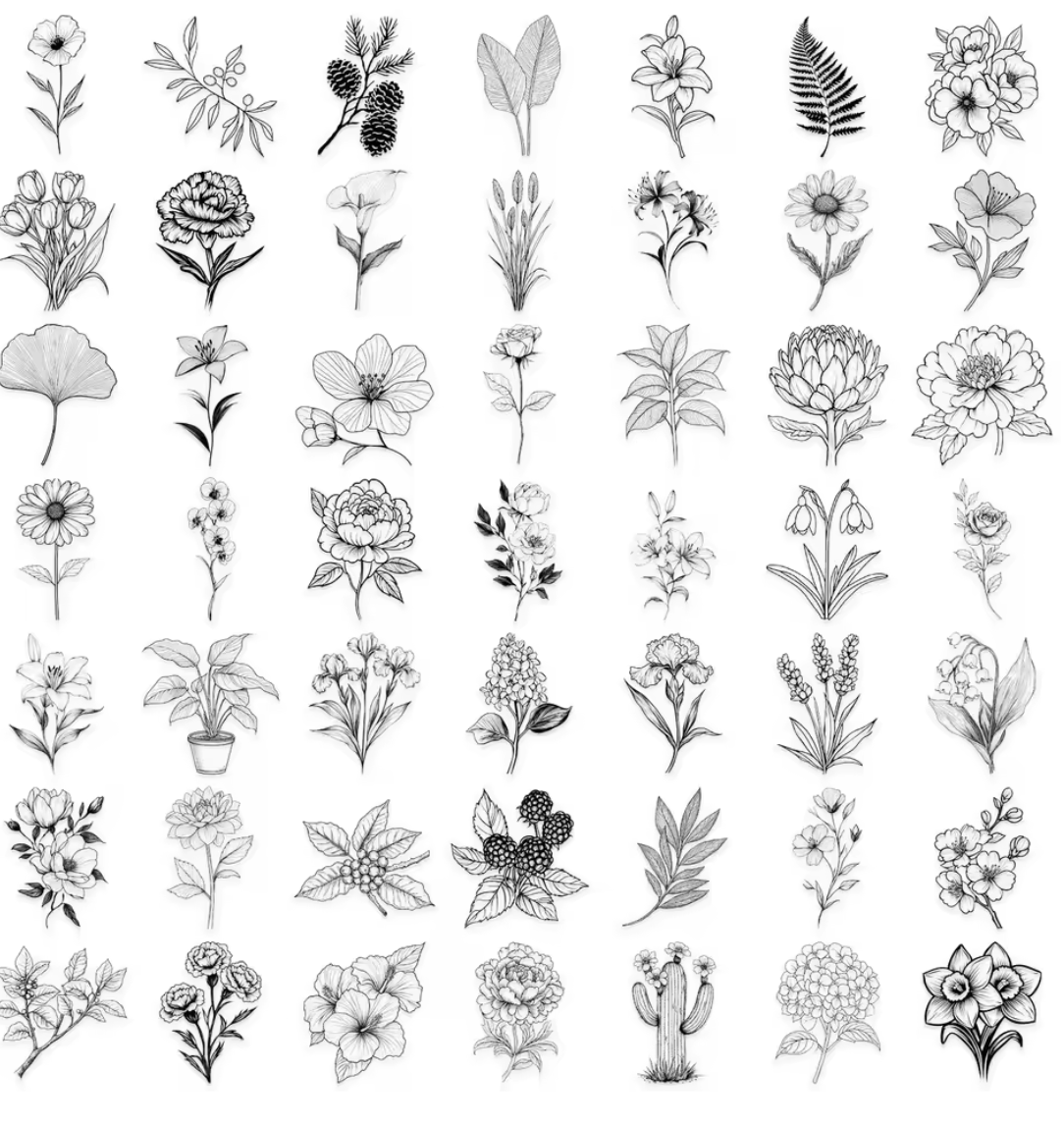 50 Stickers transparentes Flores Negro & Blanco