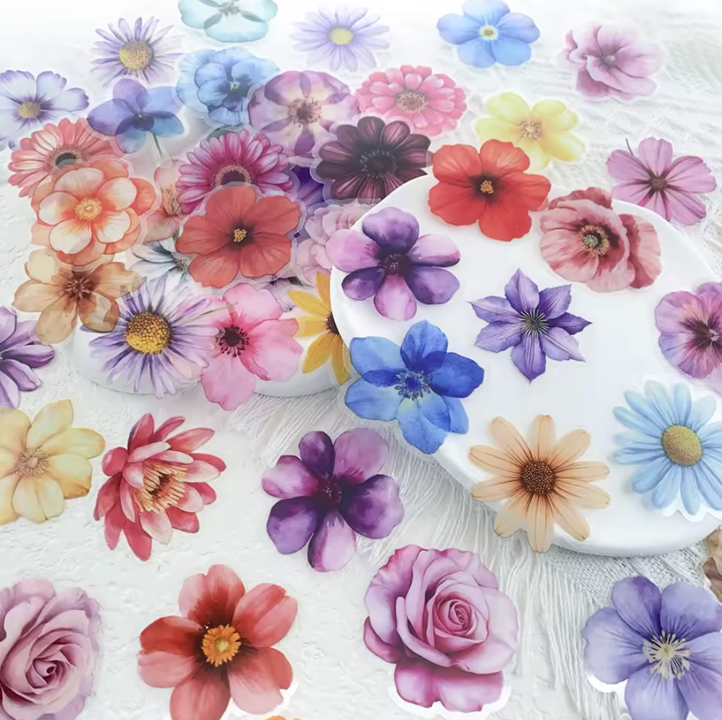 50 Stickers transparentes Flores de colores