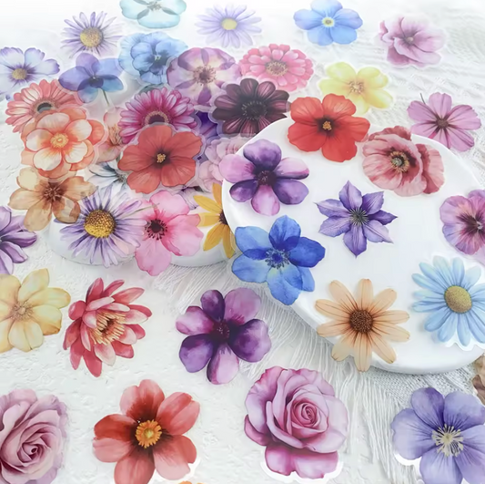 50 Stickers transparentes Flores de colores