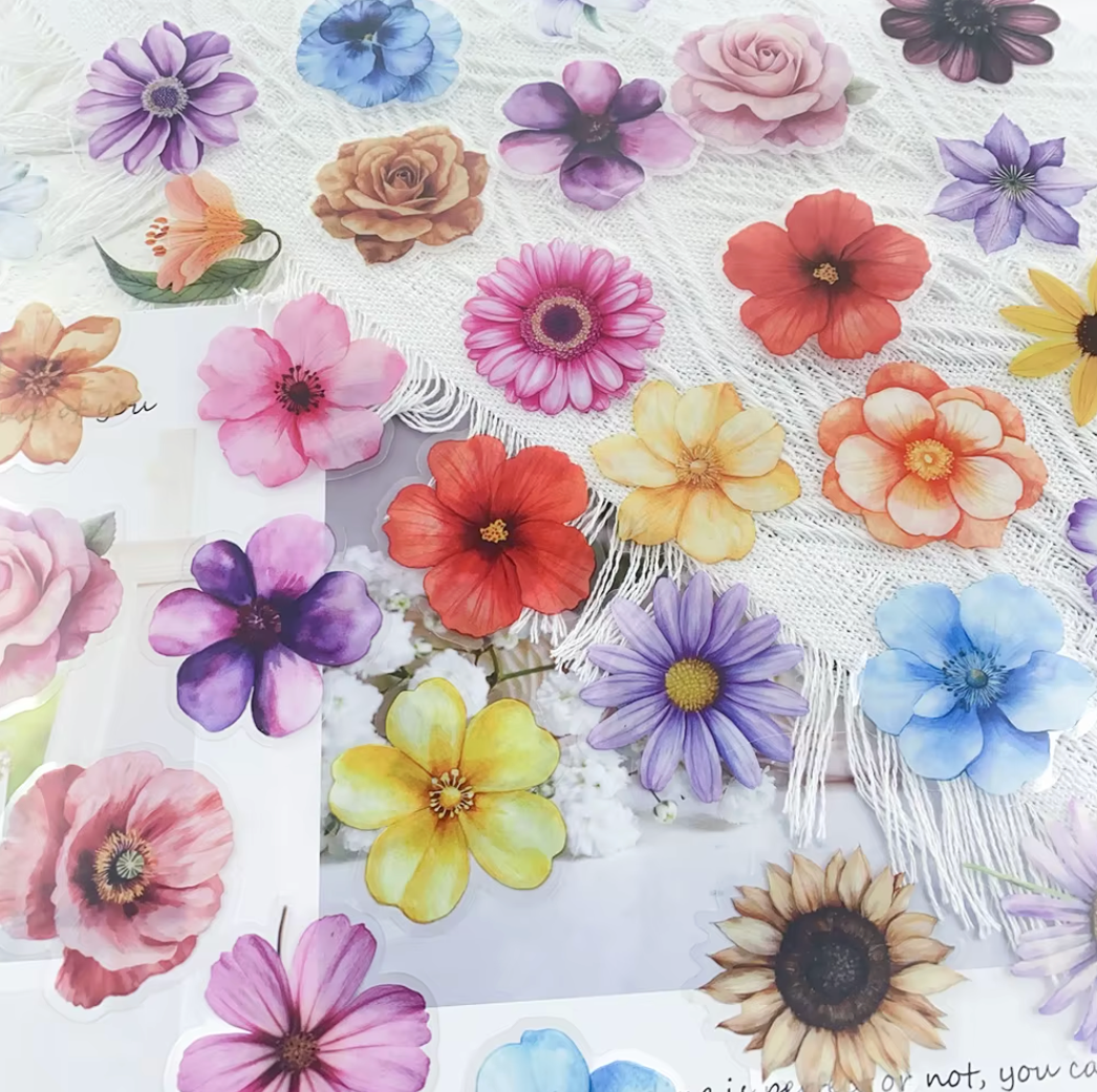 50 Stickers transparentes Flores de colores