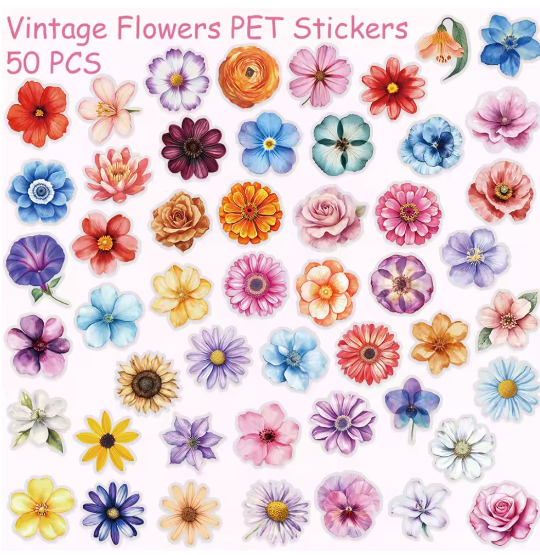 50 Stickers transparentes Flores de colores