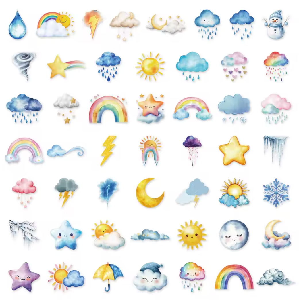 50 Stickers transparentes Clima Colorido