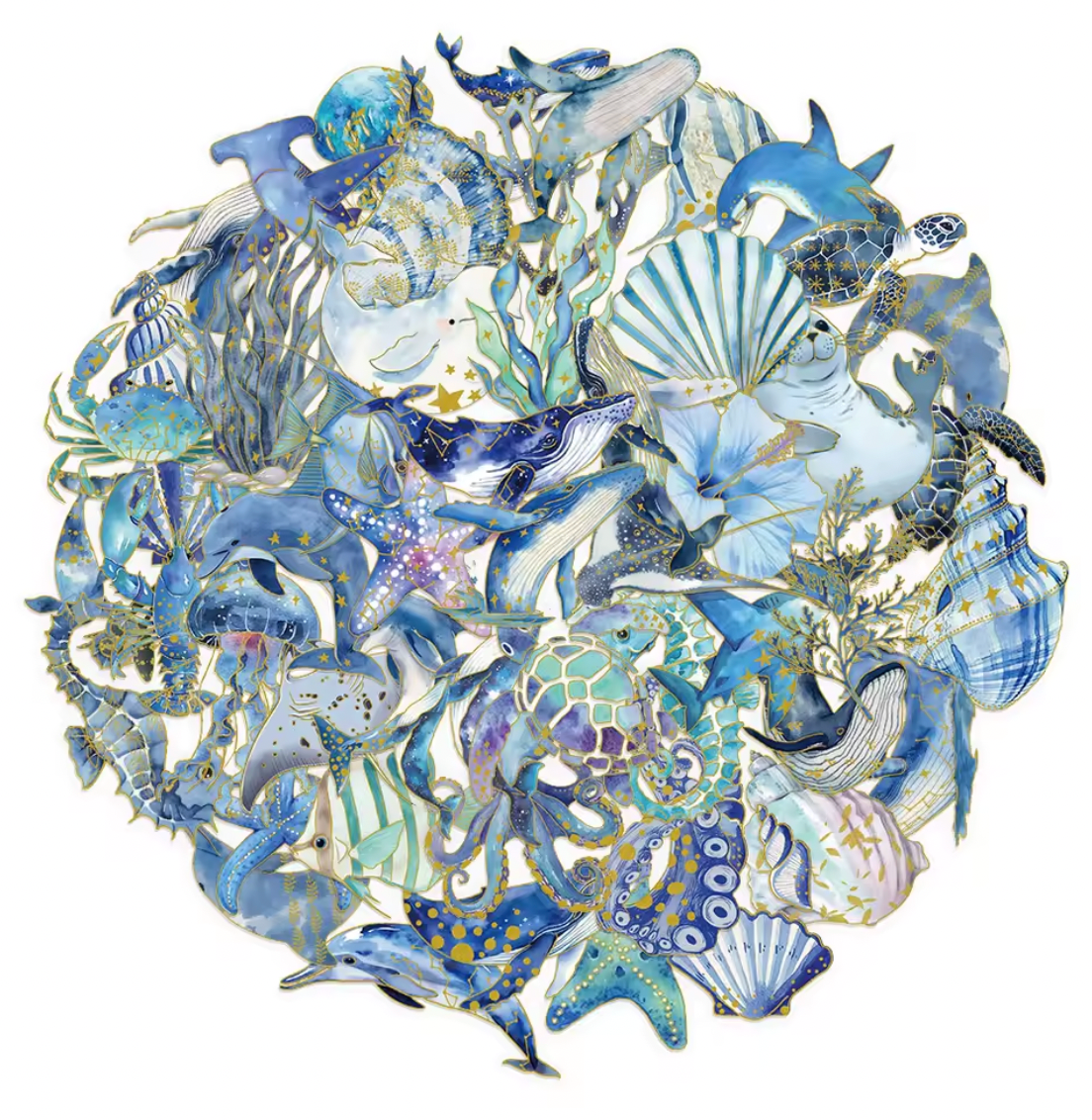 50 Stickers del mar con foil dorado