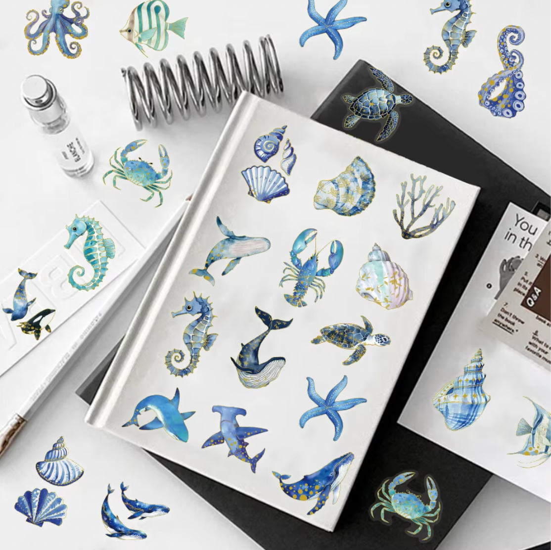 50 Stickers del mar con foil dorado
