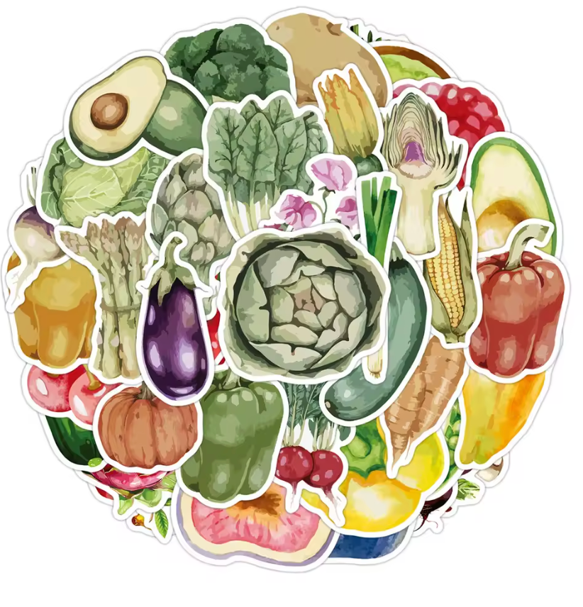 50 Stickers Vinil Verduras Acuarela