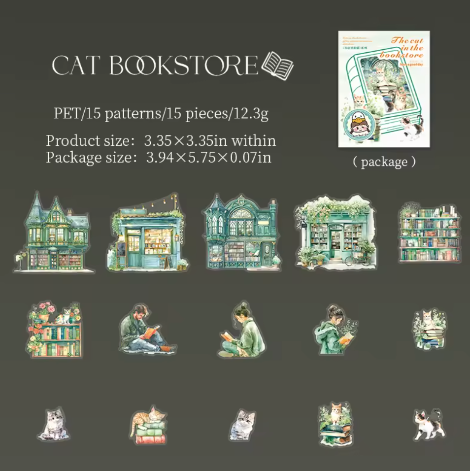 15 Stickers Libreria & Gatos