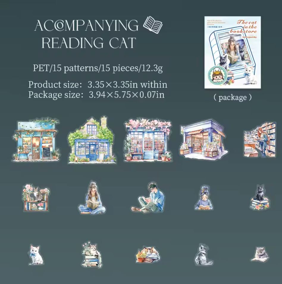 15 Stickers Libreria & Gatos