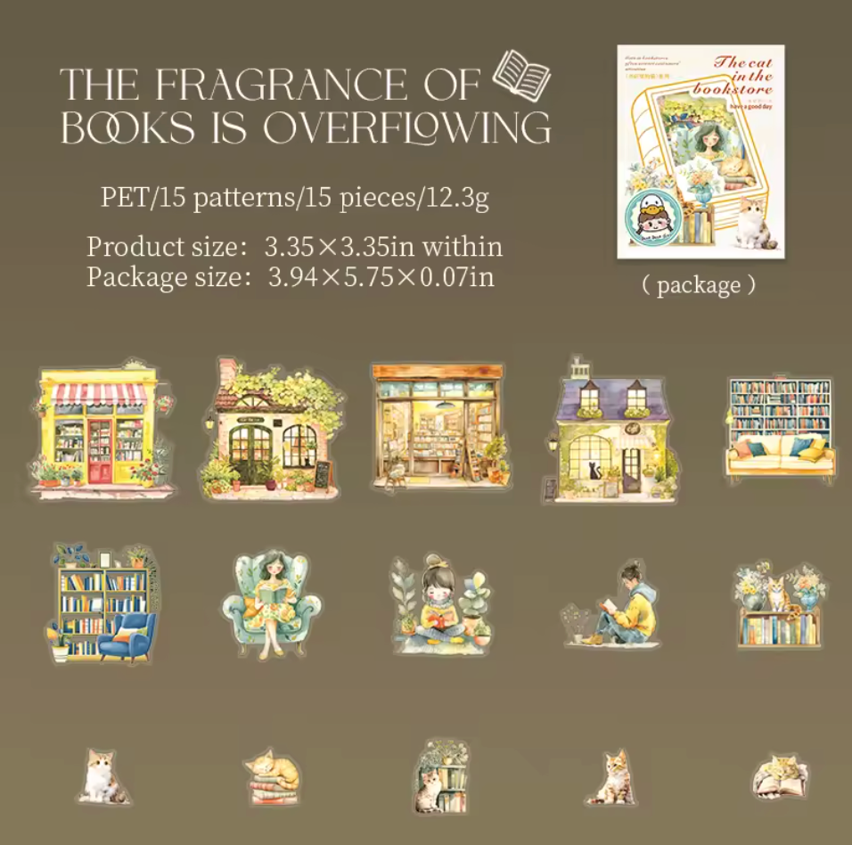 15 Stickers Libreria & Gatos