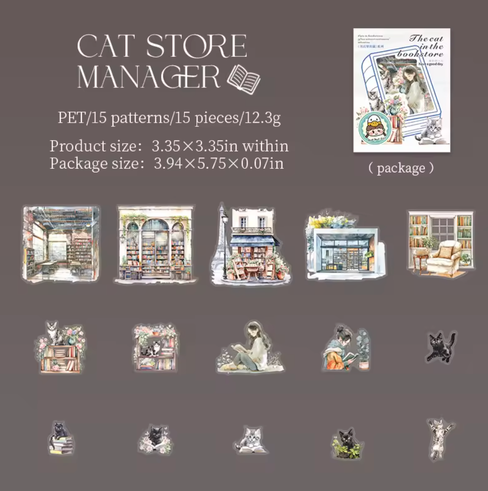 15 Stickers Libreria & Gatos
