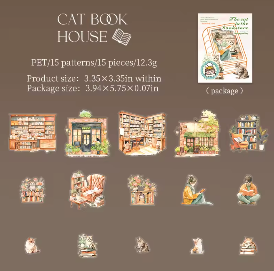15 Stickers Libreria & Gatos