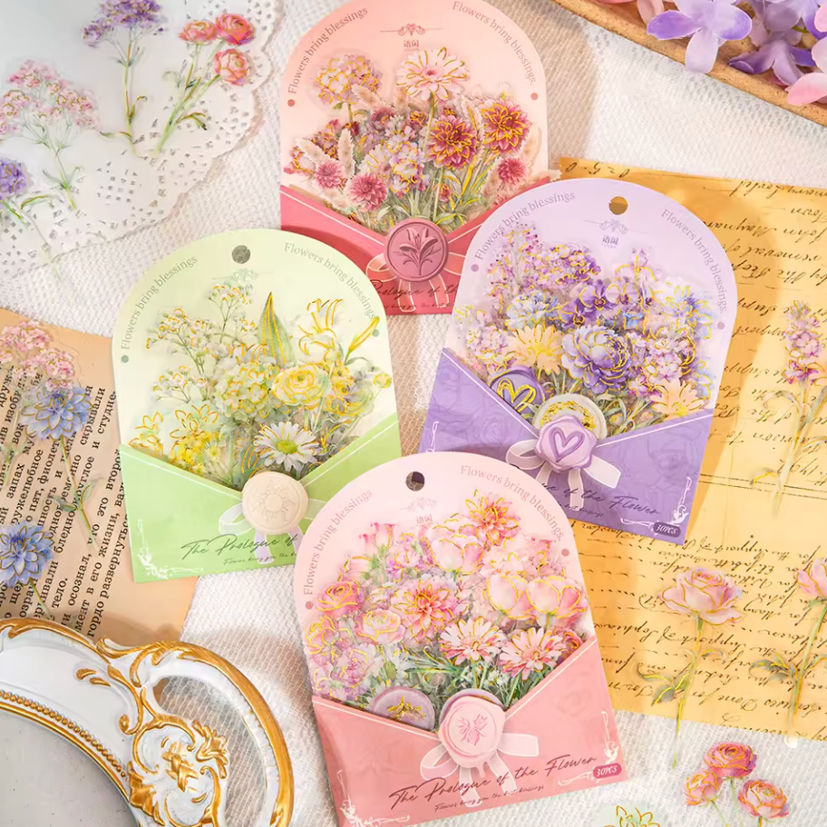 30 Stickers Flores & Sellos con detalles dorados