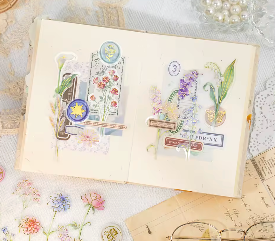 30 Stickers Flores & Sellos con detalles dorados