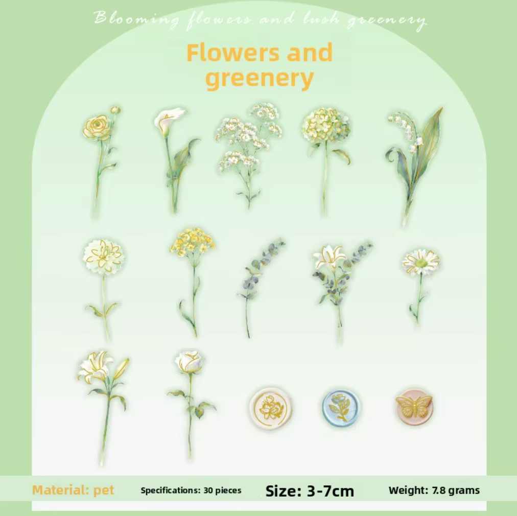 30 Stickers Flores & Sellos con detalles dorados