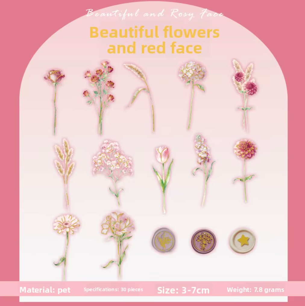 30 Stickers Flores & Sellos con detalles dorados