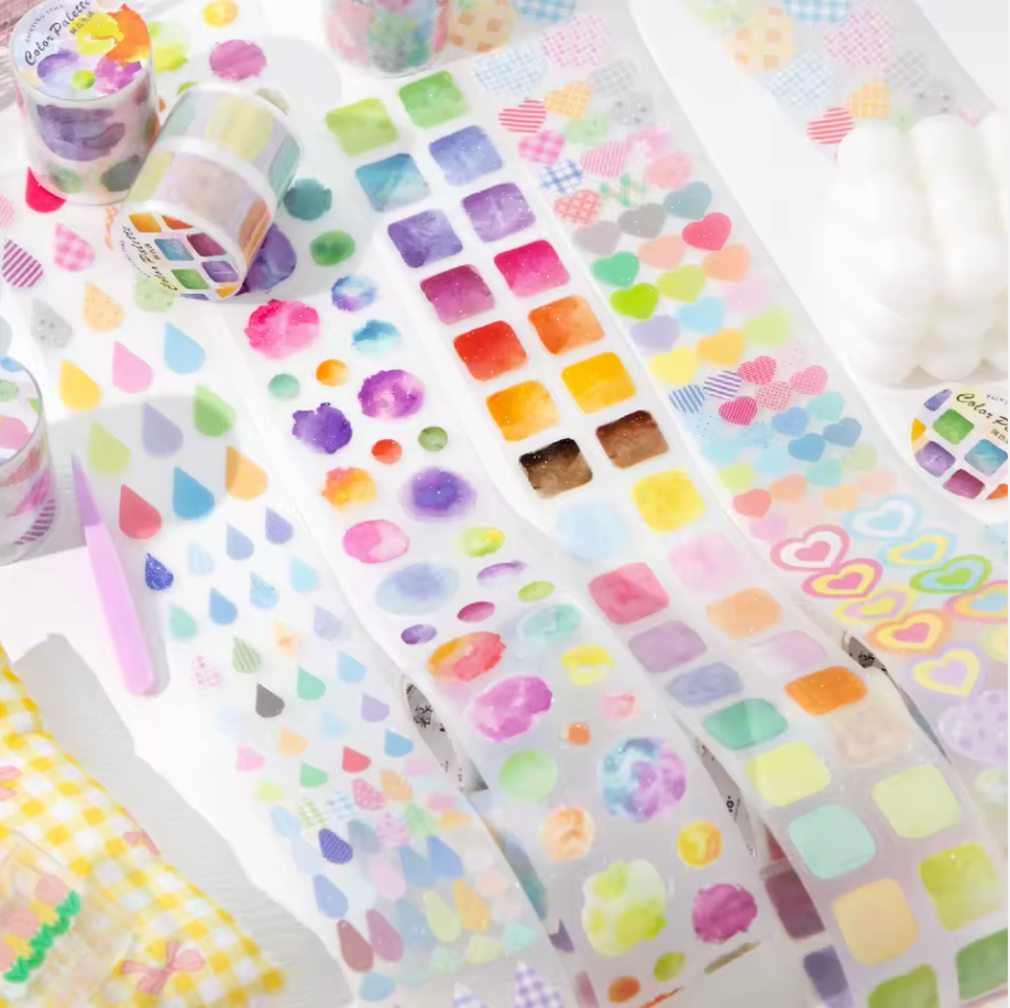 Rollo de stickers coloridos precortados con ligero glitter