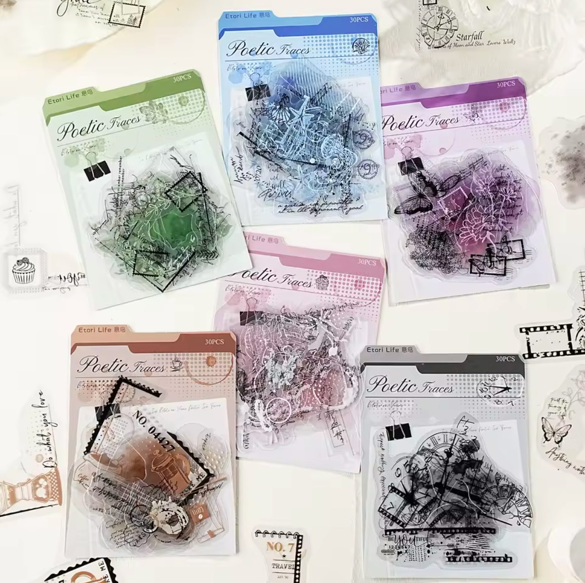 6 Paquetes de 30 Stickers - 180 en total - Poetic Trace