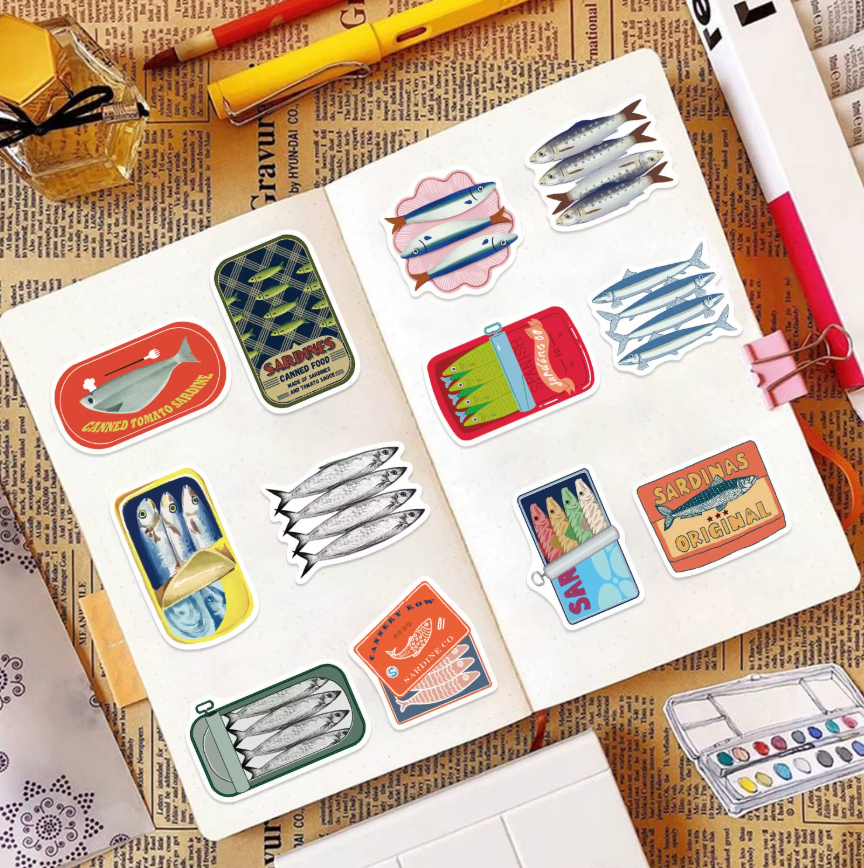 50 Stickers Vinil Sardinas Verano