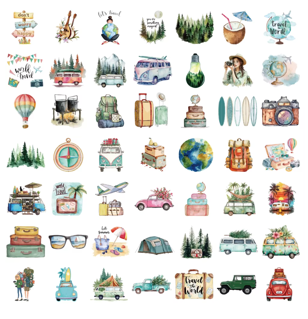 50 Stickers Transparentes Viaje