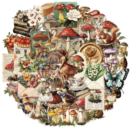 50 Stickers transparentes Hongos vintage