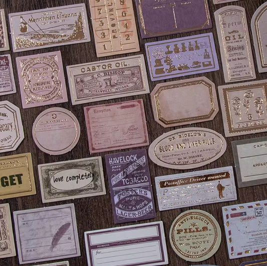 30 Stickers Etiquetas Vintage con foil dorado